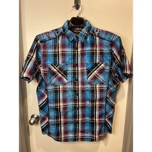 Helix Men's Button Up Plaid Short Sleeve‎ Shirt Size L
